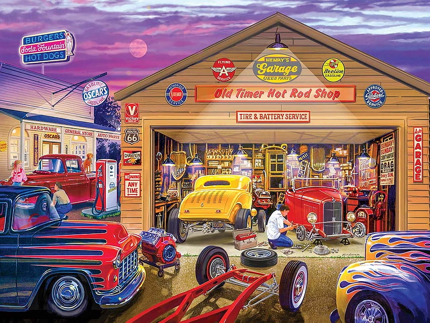 Old Timers Hot Rod Shop.jpg, shop, hot rods, old timer, flames, garage, engine HD wallpaper