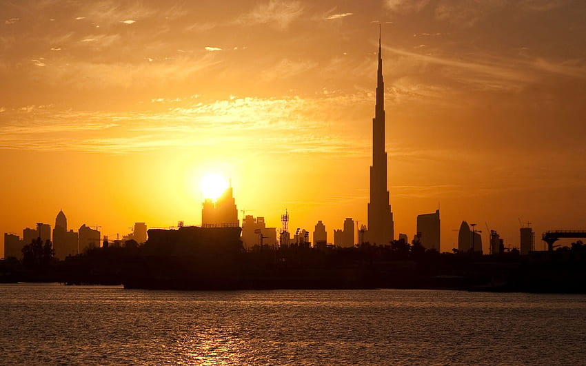 Cities, Water, Houses, Sunset, Sky, Clouds, Building, Silhouettes, Smooth, Dubai, Surface, Dahl, Distance, Tower HD wallpaper