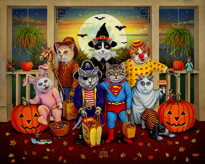 Halloweenies, superman, perman, cat, witch, pumpkins, artwork, ghost, moon, bats HD wallpaper