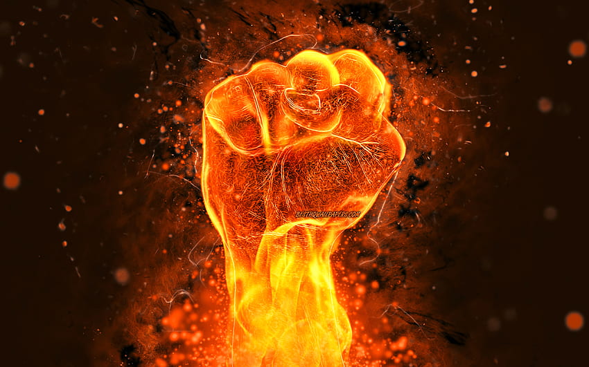 main ardente, néons orange, poing ardent, créatif, concepts de puissance, main de feu, art abstrait, feu Fond d'écran HD