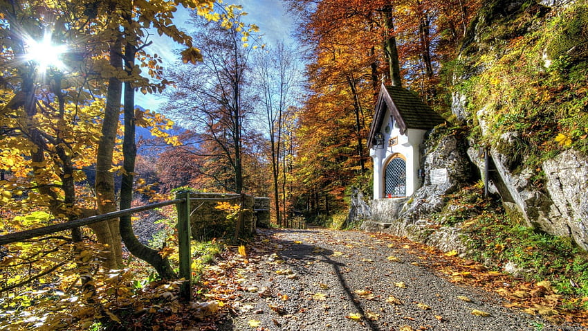 beautiful little chapel on a mountain path r, chapel, path, autumn, r, rocks, forest, sun rays, mountain HD wallpaper