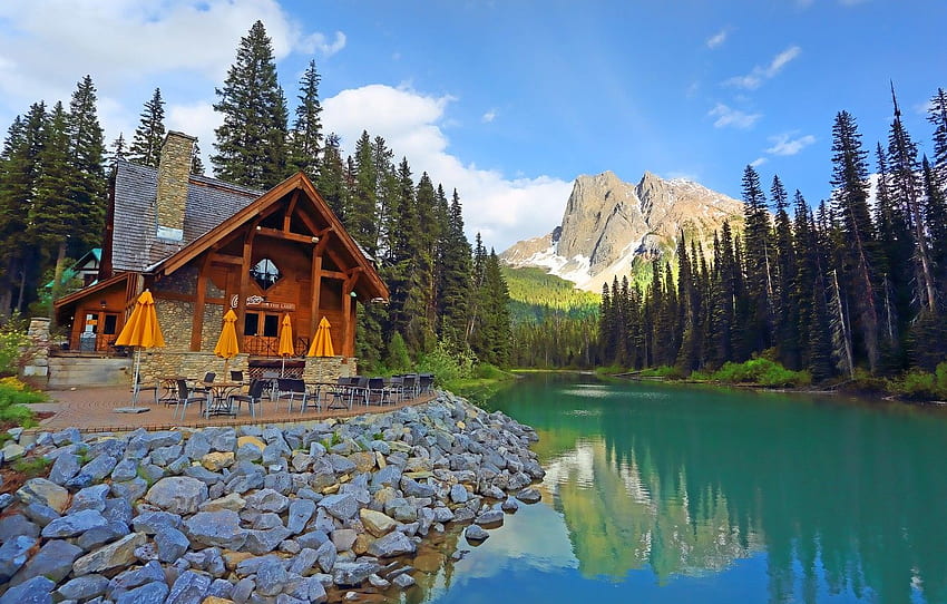 forest, trees, mountains, lake, Canada, restaurant, house, Canada, British Columbia, British Columbia, Yoho National Park, Canadian Rockies, Emerald Lake, Yoho national Park, Canadian Rocky Mountains, Emerald lake for , section HD wallpaper