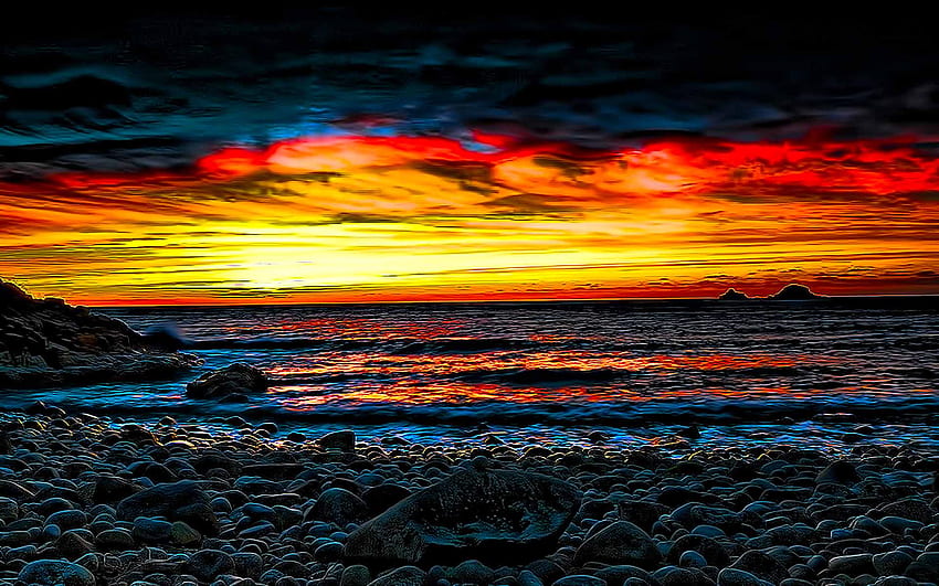 Sky Of Beauty, żar, niebo, skały, promień, zachód słońca, plaża Tapeta HD