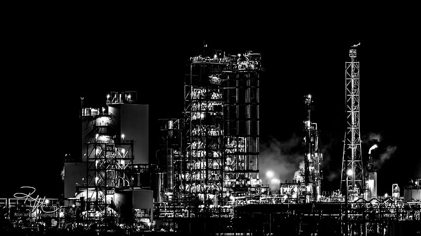 grafia em preto e branco - refinaria de petróleo. Conceito de paisagem, grafia branca, refinaria de petróleo papel de parede HD
