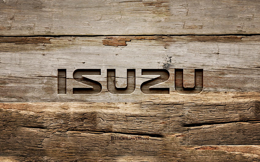 drewniane logo Isuzu, drewniane tła, marki samochodów, logo Isuzu, kreatywne, rzeźbienie w drewnie, Isuzu Tapeta HD