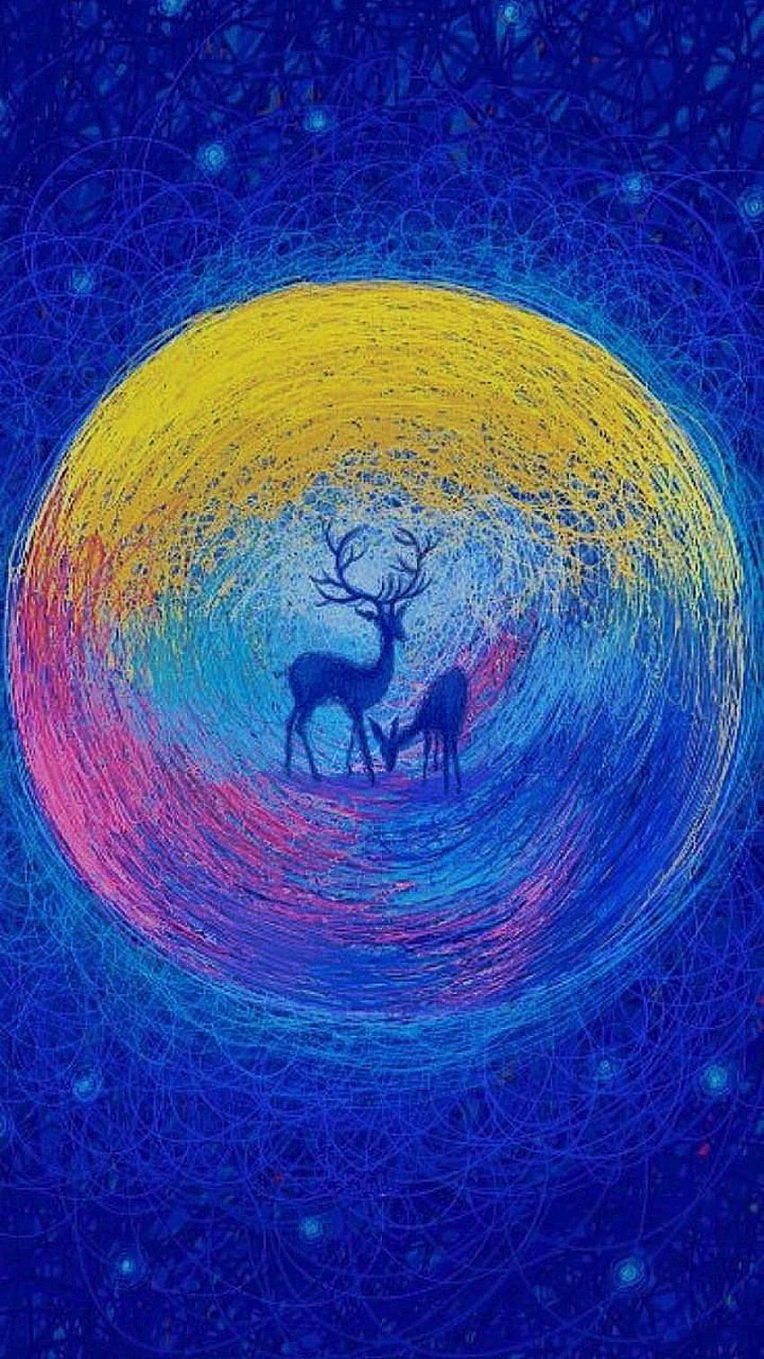 Deers, art, blue, mammals, illustration, animals HD phone wallpaper