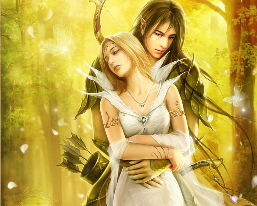 Elven hunter caught his Prize, held, brown, trees, couple, holding, male, arrow, female, bow, hugging, white, man, archer, romance, elf, woman, fantasy, elves, hug, love, yellow, ears, forest HD wallpaper