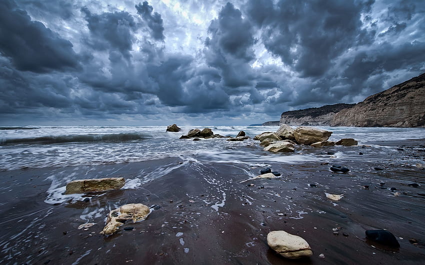 Nature, Stones, Sky, Sea, Clouds, Sand, Wet, Foam, Mainly Cloudy, Overcast, Gloomy HD wallpaper