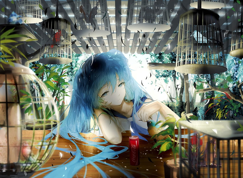 Hangover, blue hair, Hatsune Miku, birds in cage HD wallpaper