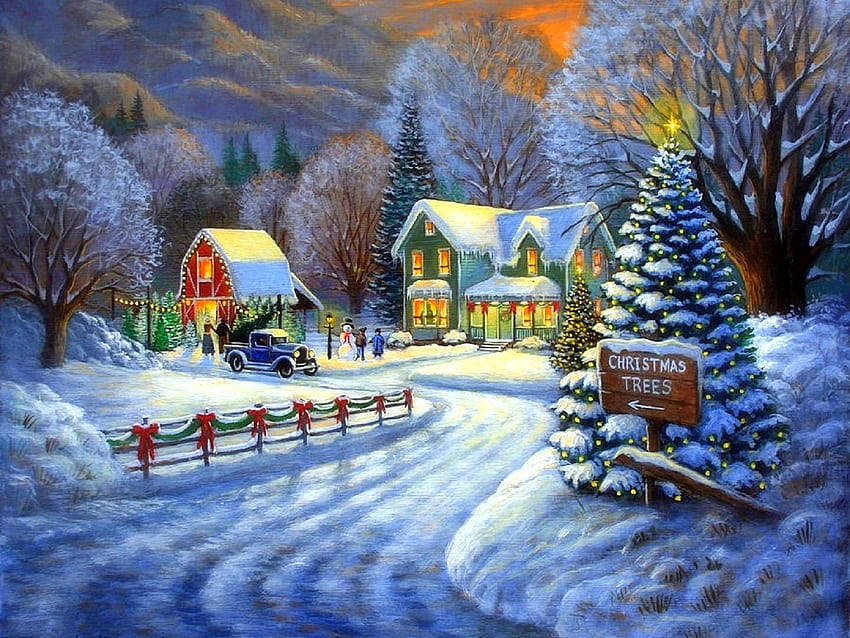 December Farm, winter, holidays, December, attractions in dreams, paintings, Christmas Trees, snowman, love four seasons, cottages, Christmas, snow, farms, xmas and new year, cardinals HD wallpaper