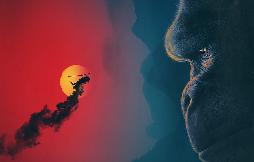 cinema, red, moon, monster, smoke, big, blue, night, movie, helicopter, gorilla, film, king, strong, kyojin, Kong for , section фильмы HD wallpaper