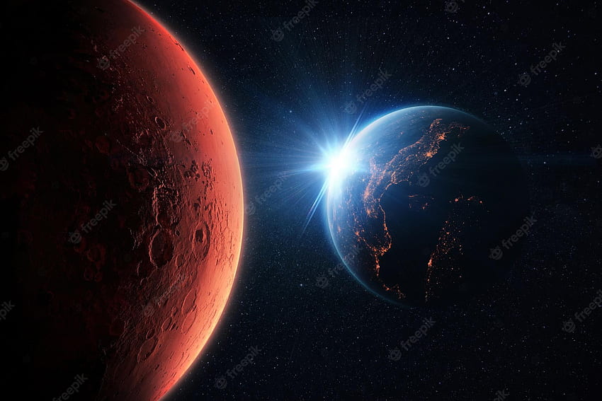 プレミアム。 新しい宇宙ミッション驚くべき赤い惑星火星と美しい青い惑星地球、太陽の光と火星への旅 高画質の壁紙