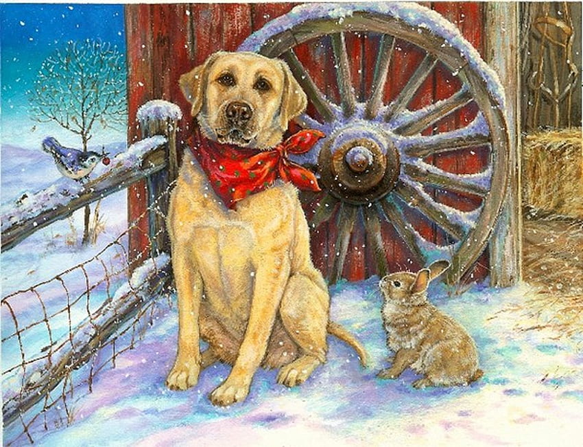 By Donna Race, winter, dog, bunny, animaldonna race, painting, bird, art HD wallpaper