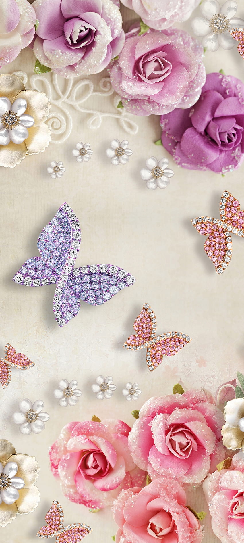 Flowers_Butterfly, flowers, pink, petal, Luxury, nature, Rose, Diamond HD phone wallpaper