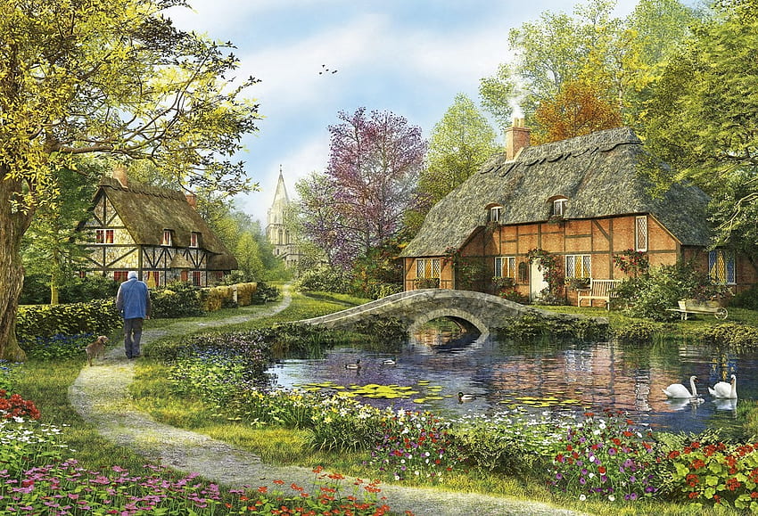 Meadow Cottage, rio, banco, cisnes, carrinho de mão, ponte, flores, casa de campo, igreja papel de parede HD