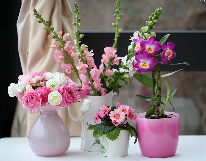 ✿ Shades of pink ✿, girly, white, roses, soft, mini, pink, vases, pretty, love, lavender, nature, flowers, forever HD wallpaper