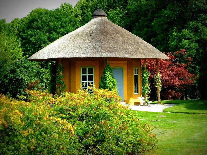 Dream park, colorful, peaceful, relax, nice, trees, greenery, house, gazebo, garden, bushes, beautiful, grass, park, cabin, summer, rest, pretty, green, nature, flowers, cottage, lovely, forest, dream HD wallpaper