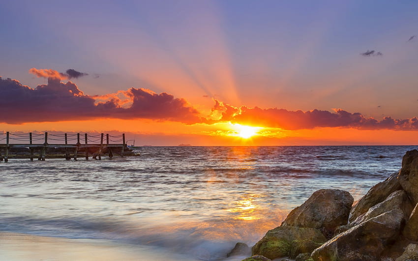 Sunrise, sea, ocean waves, waves, clouds, nature, sky, splendor, sunset, ocean HD wallpaper