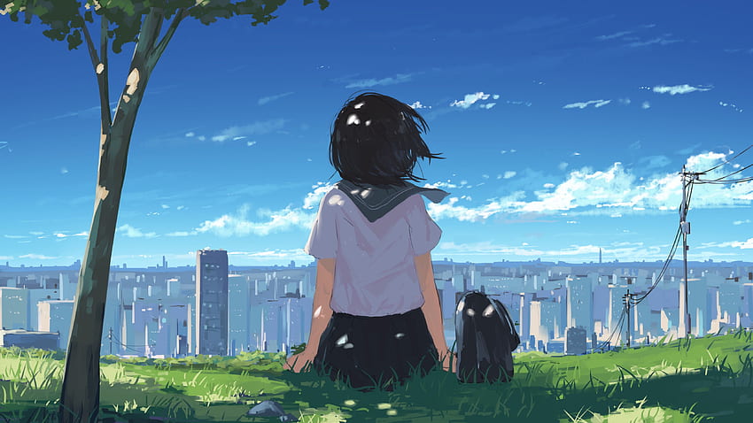 Fille d'Anime sur l'uniforme scolaire de vue de bâtiments de ville d'herbe Fille d'Anime, bâtiment d'école d'Anime Fond d'écran HD