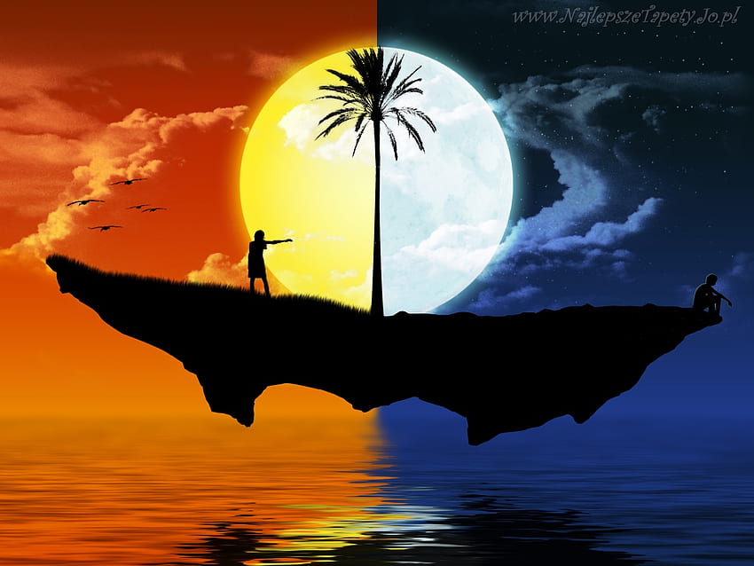 Floating Island III, night, island, palm, tree, day, moon, air, clouds, water, floating, silhouette HD wallpaper
