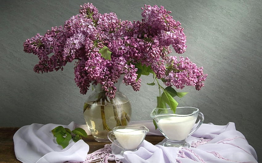 Lilac Still Life, milk, glass, still life, lilacs HD wallpaper