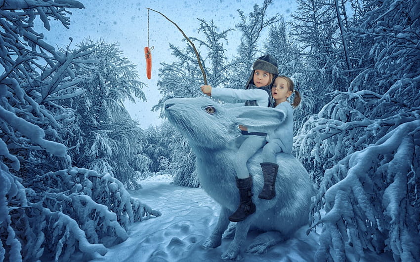 เรื่องฤดูหนาว ฤดูหนาว สีน้ำเงิน น่ารัก สร้างสรรค์ น้องสาว หิมะ คู่ กระต่าย ขาว เด็ก ๆ สถานการณ์ หญิงสาว ต้นไม้ นิทาน แฟนตาซี ตลก ความฝัน เด็ก ๆ วอลล์เปเปอร์ HD