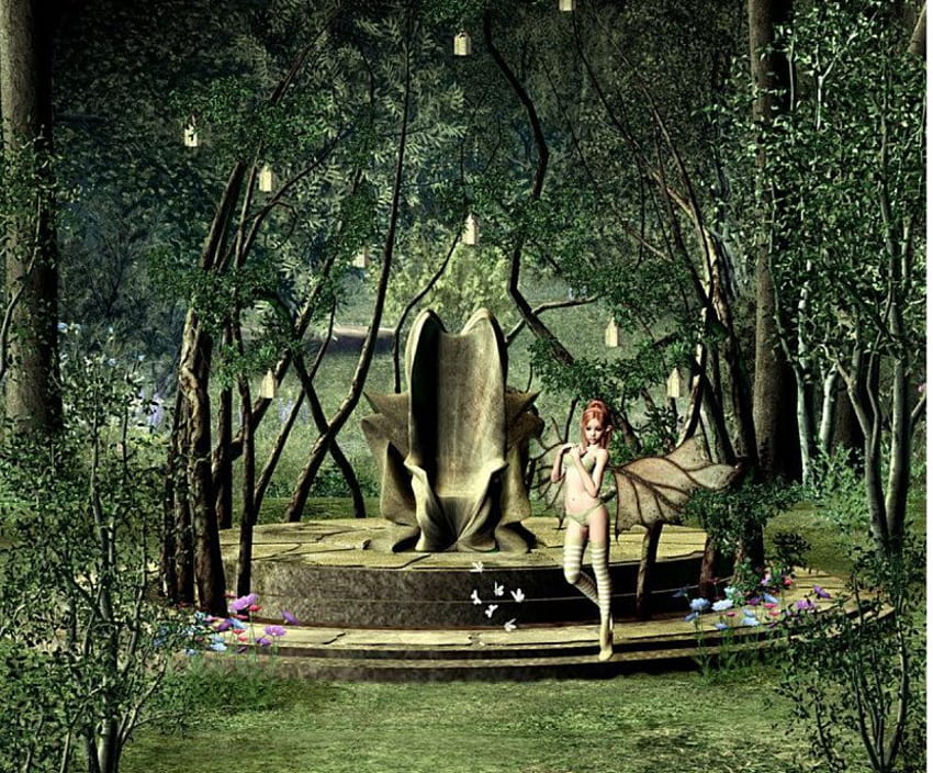 Hada, abstracto, fantasía, árboles, flores. fondo de pantalla