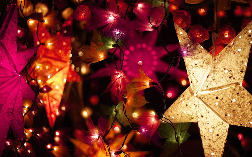 Christmas lights, star, pink, decoration, lights, yellow, christmas, gloden, tree HD wallpaper