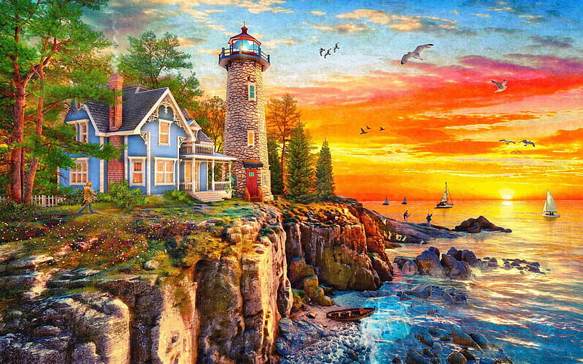 Rocky Cliff Lighthouse, morze, skały, grafika, cyfrowe, chmury, drzewa, niebo, chata, zachód słońca Tapeta HD