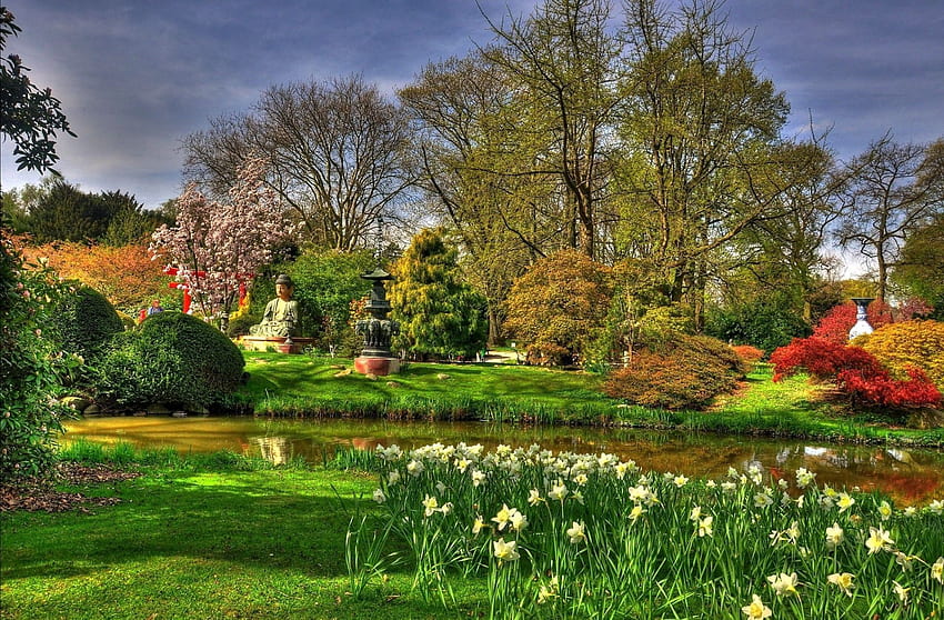 Alemania Hamburgo jardín japonés parque natural estanque escuela, campo alemán fondo de pantalla