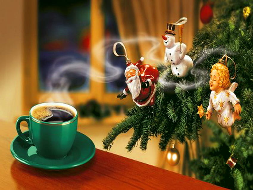 Christmas coffee, smell, cup, tree, decoration, christmas, coffee, steam, saucer, santa HD wallpaper