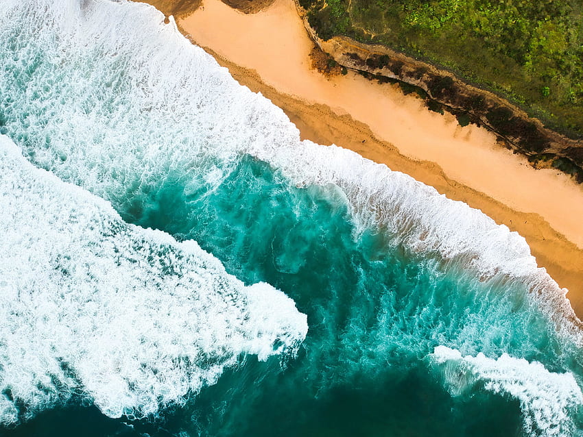 Beach, nature, sea waves, aerial shot HD wallpaper