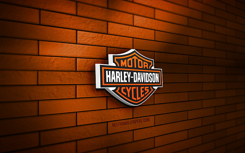 Harley-Davidson 3D logo, , orange brickwall, creative, motorcycles brands, Harley-Davidson logo, Harley-Davidson metal logo, 3D art, Harley-Davidson HD wallpaper