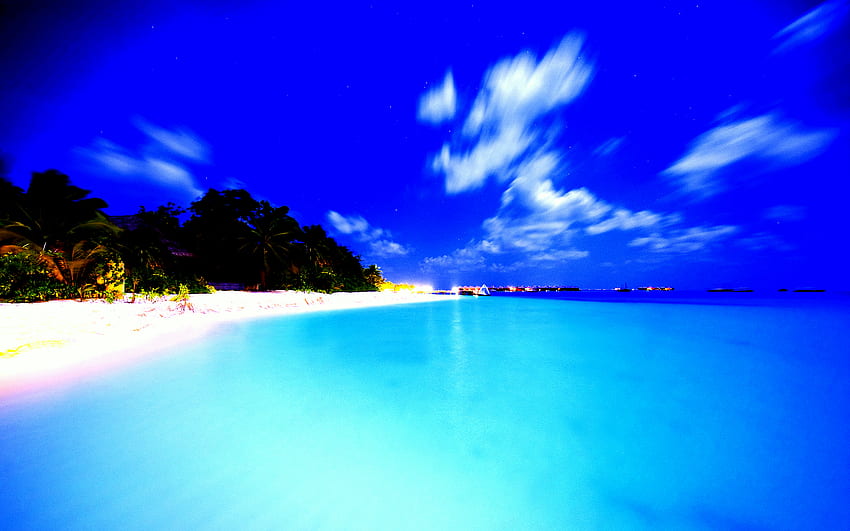 Spiaggia delle Maldive, blu, isola, nuvole, cielo, Maldive, spiaggia Sfondo HD