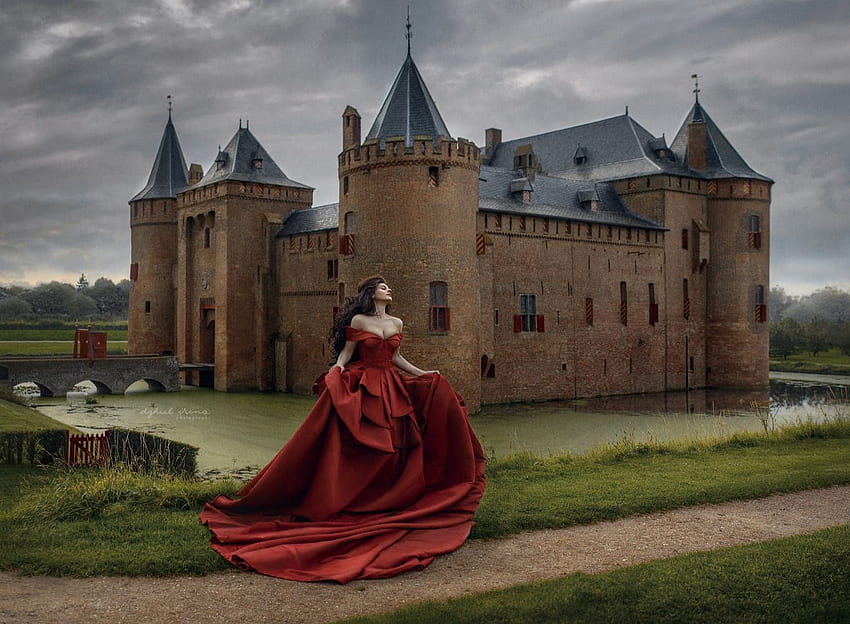 Belle, marketa novak, red, girl, dress, princess, castle, woman, model HD wallpaper