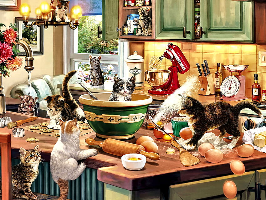Kitten Kitchen Capers FC, zwierzę, sztuka, koty, koci, piękny, ilustracja, kocięta, dzieło sztuki, szeroki ekran, , zwierzęta domowe Tapeta HD