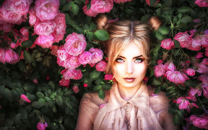 Beauty, summer, rose, pink, model, flower, green, girl, woman HD wallpaper