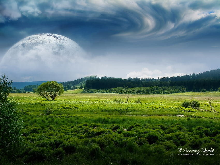 A Dreamy World, nubes, campos, verde. fondo de pantalla