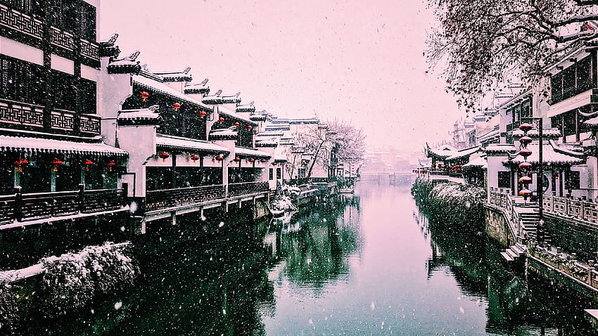 Beautiful winter, snowy, river, houses, lantern, Nanjing, China U HD wallpaper