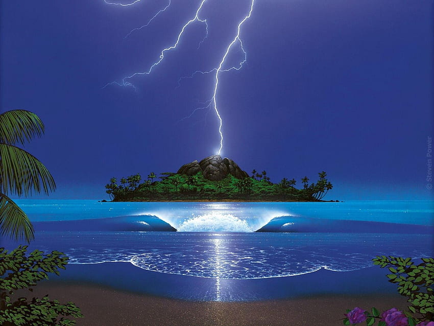 ISLAND LIGHTNING, mer, foudre, art, météo, îles, océan, plage Fond d'écran HD