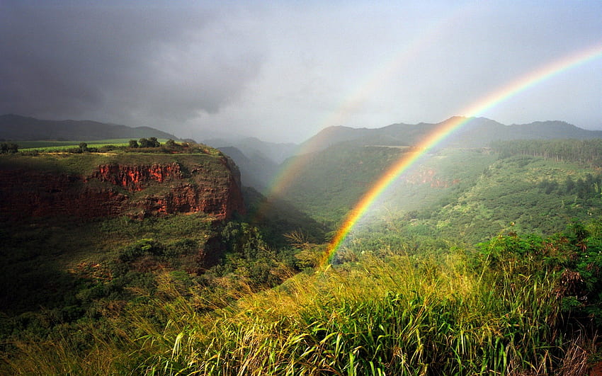 double rainbows in a green canyon, canyon, green, clouds, trees, mountains, rainbows HD wallpaper