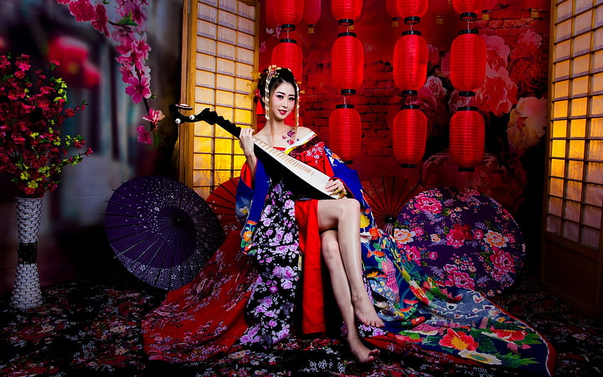 Beauty, umbrella, model, asian, parasol, girl, woman, instrument, light, flower, red, lantern HD wallpaper