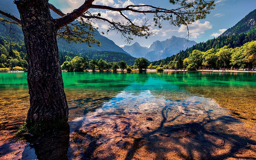 Triglav National Park, Slovenia, rocks, mountains, lake, clouds, trees, sky HD wallpaper