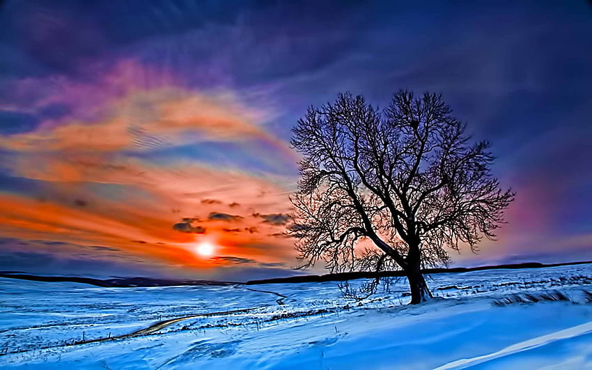 snowy landscape sunset wallpaper