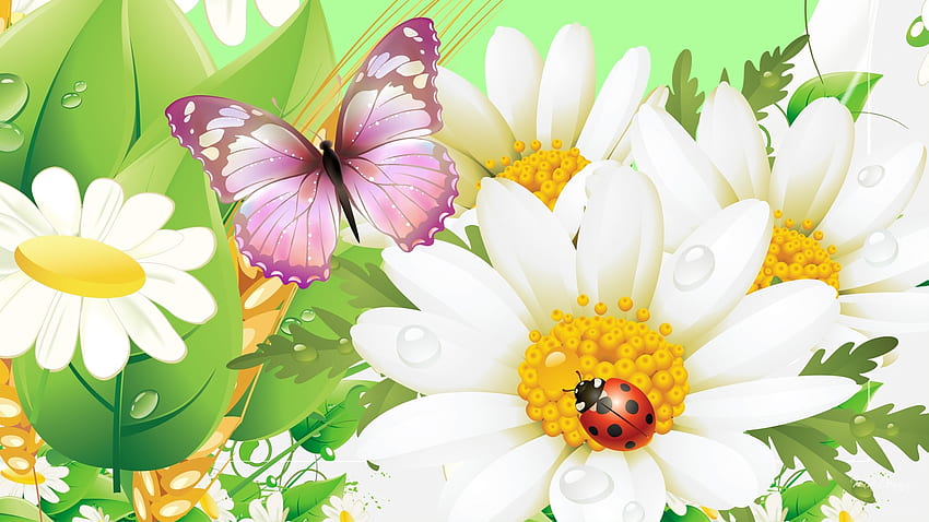 Spring Summer Fresh, coccinella, camomilla, primavera, tema Firefox Persona, estate, farfalla, margherita, gocce di rugiada, fiori Sfondo HD