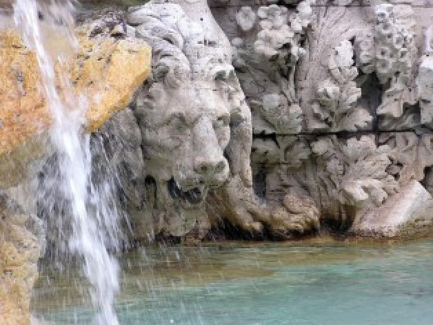 Escultura de león en fuente, escultura, león, agua, fuente fondo de pantalla