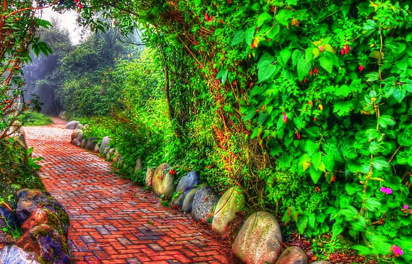 Caminho de tijolos em um parque, colorido, caminho, cores da natureza, parque de flores, jardim, parque, bela combinação de cores, natureza verde, natureza das forças, natureza deslumbrante, natureza, céu, tijolos papel de parede HD