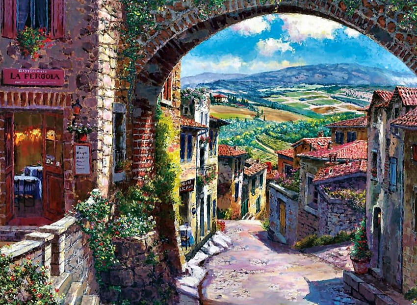 Tuscany, France 1, artwork, scenery, wide screen, architecture, painting, art, beautiful, cityscape HD wallpaper
