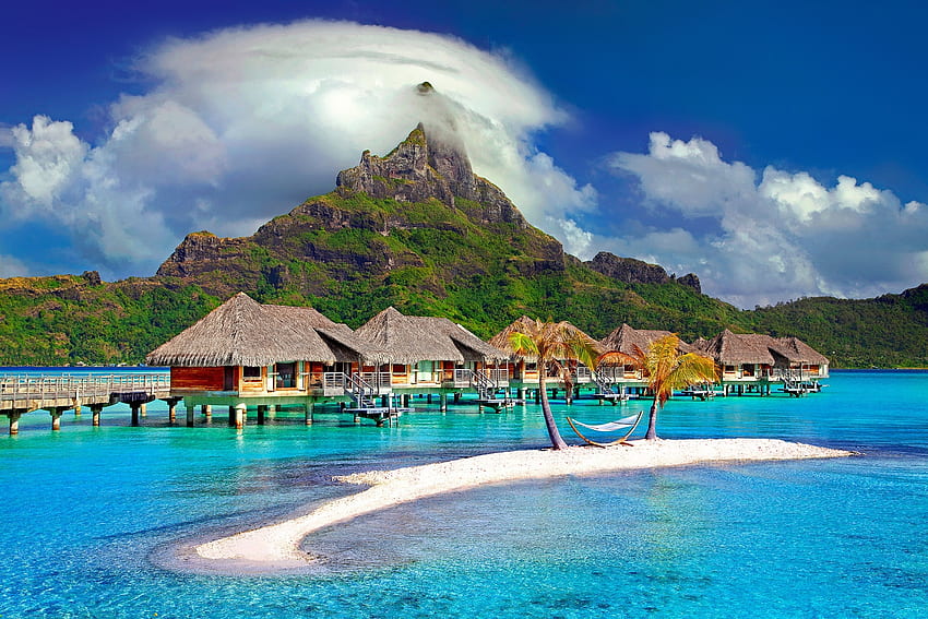 Bora Bora resort, sea, tropics, clouds, nature, resort, beauty, ocean, travel HD wallpaper