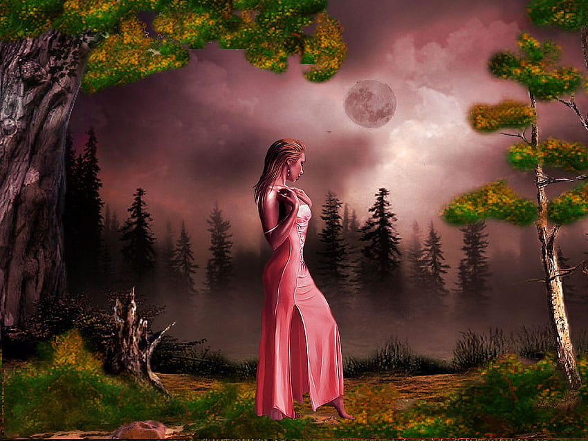 Misty Night, night, lady, moon, trees, sky, nature, water, forest HD wallpaper